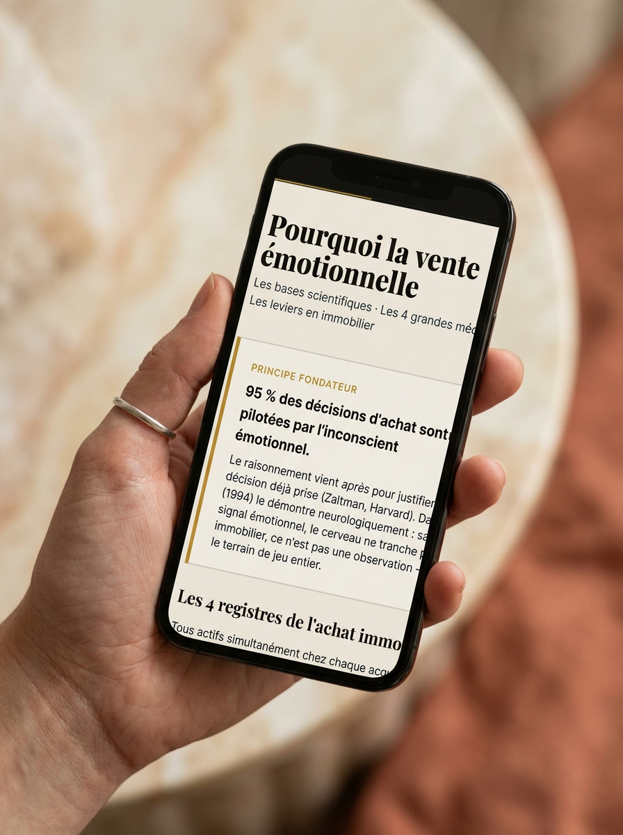 Application emotion.immo affichée sur un smartphone tenu en main